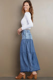 Wash Lab Fun Denim Maxi Skirt Style WL1952S DNMLO in Denim Love;Tiered Denim Maxi Skirt;Spring Denim Skirt; 