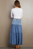 Wash Lab Fun Denim Maxi Skirt Style WL1952S DNMLO in Denim Love;Tiered Denim Maxi Skirt;Spring Denim Skirt; 