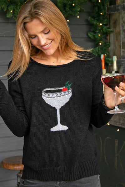 Wooden Ships Fete Crew Lightweight Sweater Style K53YPE4W181 in Black; Holiday Cocktail Sweater; Wooden Ships Christmas Cocktail Sweater