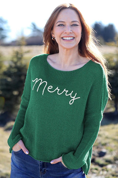 Wooden Ships Merry Embroidered Crew Cotton Sweater Style K53CPE3W976 in Gemstone Pine and Breaker White; Green Merry Embroidered Sweater; Christmas Sweater; Holiday Sweater