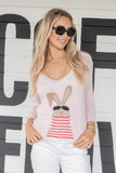 Wooden Ships Mr Bunny 3 Qtr V-Cotton Style K54C9W304 in Pink Whim;Pink Bunny Sweater; 