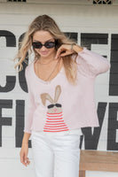 Wooden Ships Mr Bunny 3 Qtr V-Cotton Style K54C9W304 in Pink Whim;Pink Bunny Sweater; 