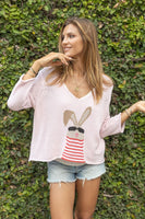 Wooden Ships Mr Bunny 3 Qtr V-Cotton Style K54C9W304 in Pink Whim;Pink Bunny Sweater; 