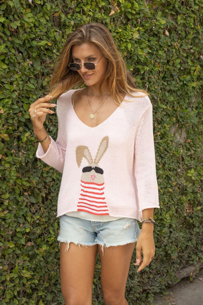 Wooden Ships Mr Bunny 3 Qtr V-Cotton Style K54C9W304 in Pink Whim;Pink Bunny Sweater; 