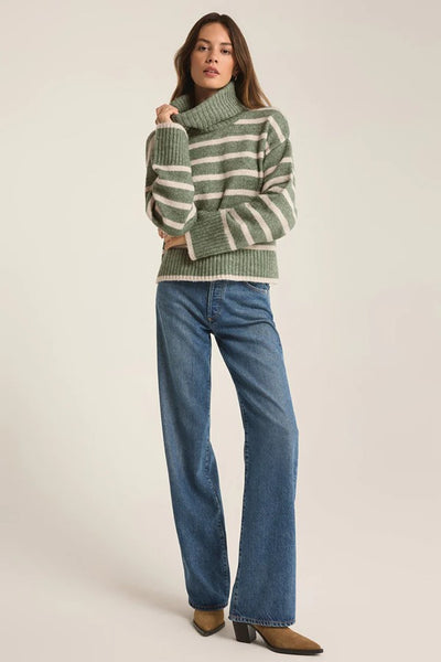 Z Supply Clothing Josephine Stripe Turtleneck Sweater Style ZW243828 PRN in Palm Green;Turtleneck Sweater; 