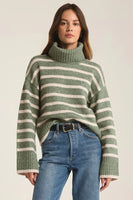 Z Supply Clothing Josephine Stripe Turtleneck Sweater Style ZW243828 PRN in Palm Green;Turtleneck Sweater; 