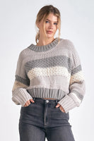 elan Clothing Ubah Sweater Style SWS11250 GY-S in Grey Stripe; Striped Crew Neck Sweater; Fall Sweater; winter sweater style; Cunky Fall Sweater