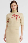 en saison clothing Merrill Pullover Sweater Style IEI3999T in natural with red;Ribbon Sweater;Sweater with ribbon print; 