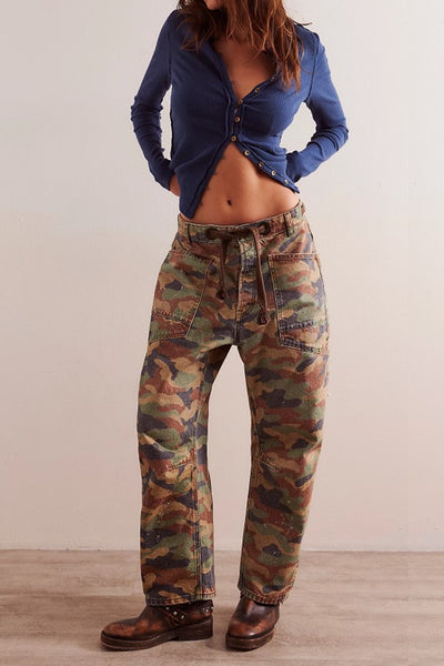 free people clothing Moxie Printed Barrel Jeans Style OB1973840 in green combo;Free People Camo Barrel Jeans; 